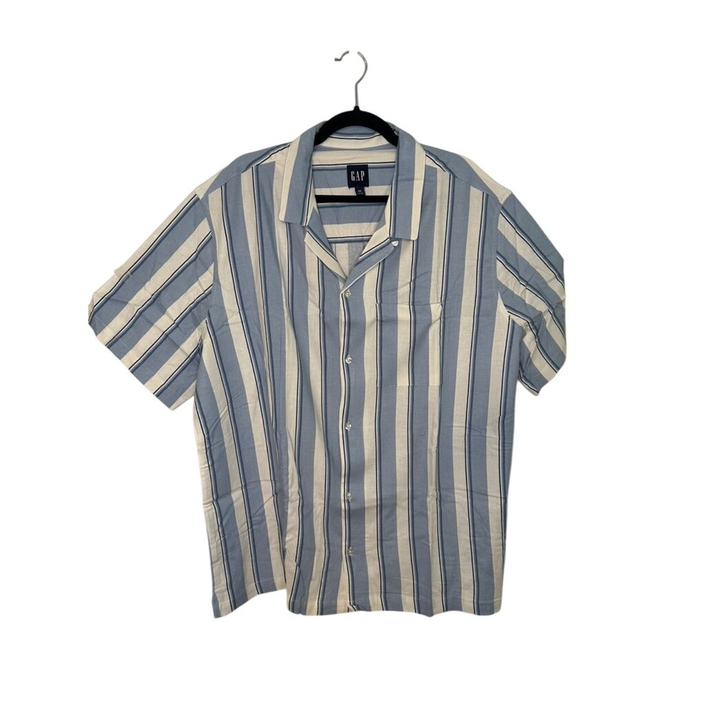 GAP Linen Blend Shirt XXL Blue White Stripe Camp Collar Short‎ Sleeve Mens NWT